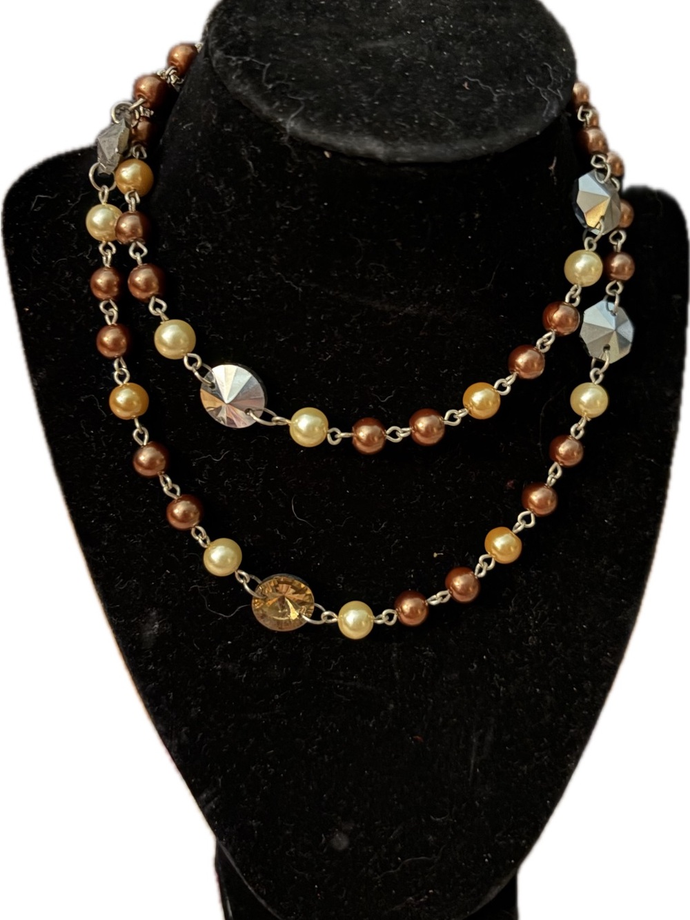 Elegant Multi-Strand Pearl and Crystal Necklace - Brown & Gold